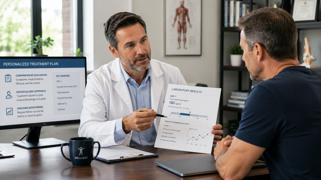 Physician reviewing IGF-1 laboratory results with patient during personalized HGH peptide therapy consultation