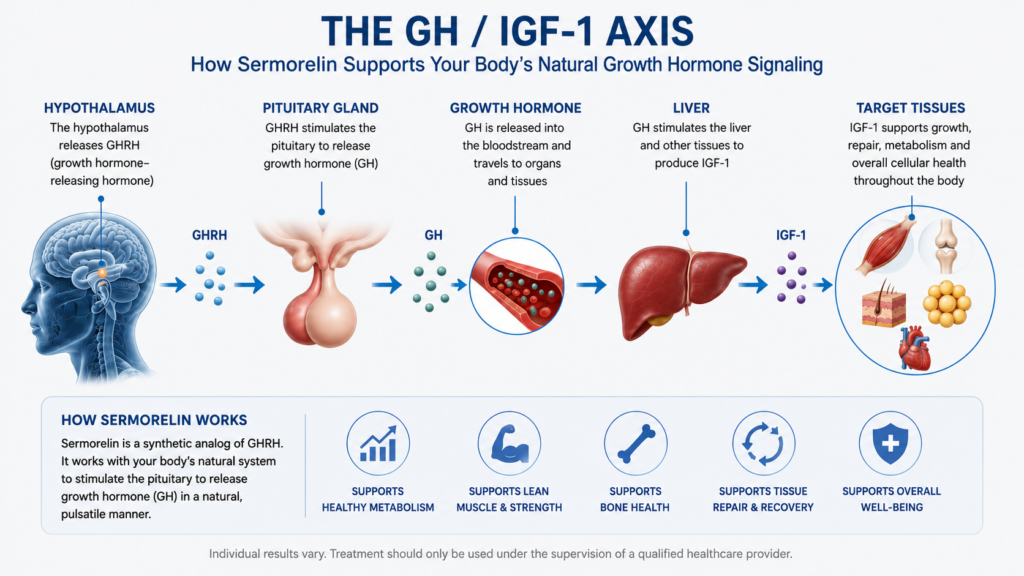 Sermorelin GH and IGF-1 signaling pathway from pituitary growth hormone release to liver IGF-1 production