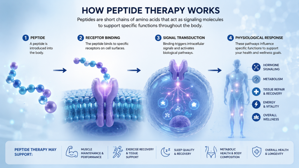 Peptide signaling diagram showing receptor binding, cellular signaling, and potential physiological responses