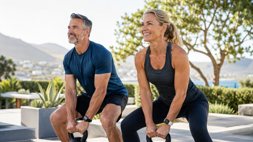Fit middle-aged man and woman strength training outdoors to support healthy aging, strength and recovery
