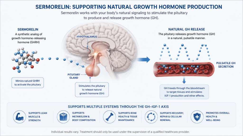 Sermorelin stimulates the pituitary gland to support natural pulsatile growth hormone release and the GH-IGF-1 pathway