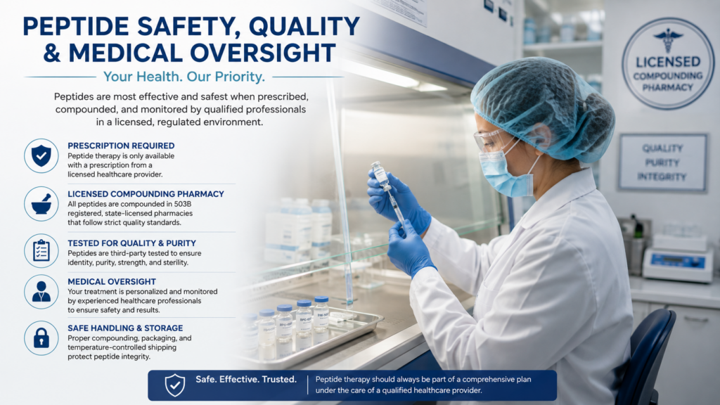 Licensed compounding pharmacy technician preparing peptide medication in a sterile laboratory environment