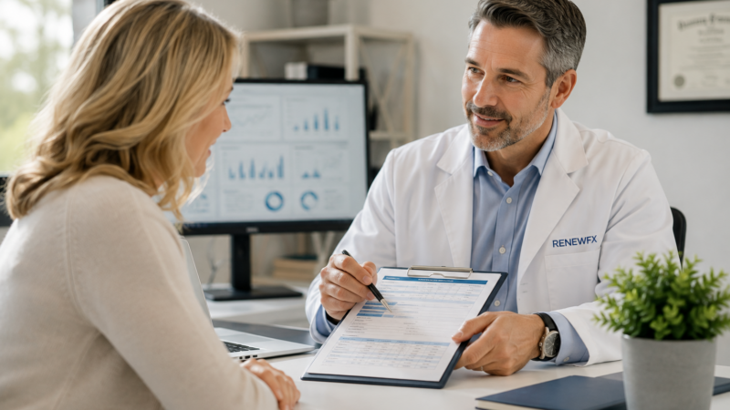 Physician reviewing hormone therapy lab results with a female patient at RenewFX