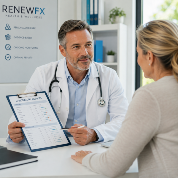 Physician reviewing hormone laboratory results with a patient during a medical consultation