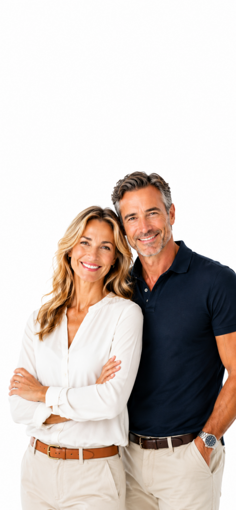 Fit middle-aged couple representing healthy aging and growth hormone optimization in Houston