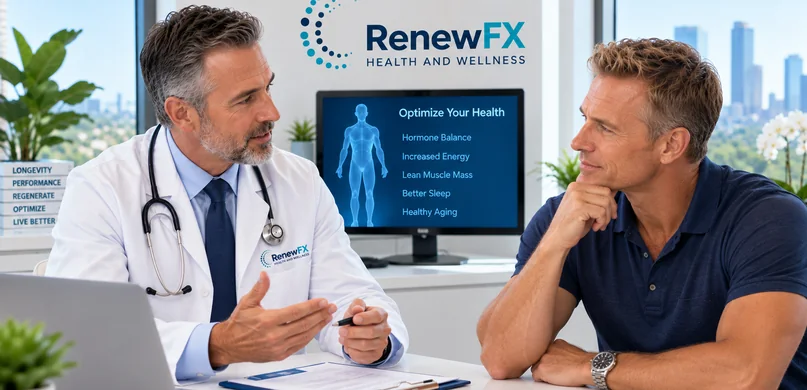 Man meeting with physician about HGH peptide therapy treatment