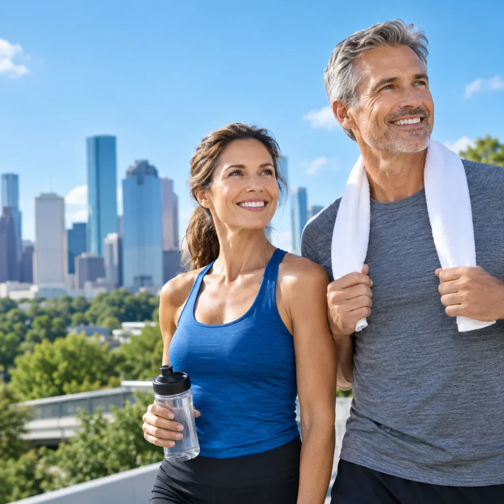 Fit middle-aged couple outdoors representing physician-guided HGH peptide therapy and growth hormone optimization in Houston