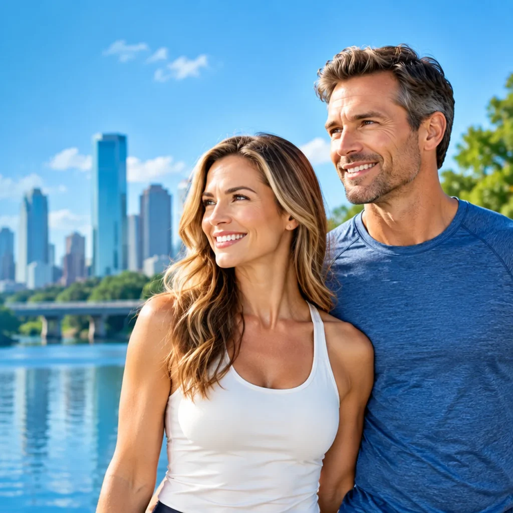 Fit professional couple representing hormone therapy and TRT care for Houston Heights patients