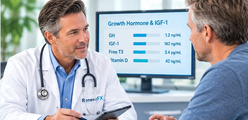 Physician consulting with a male patient about personalized HGH peptide therapy and growth hormone optimization