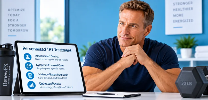 Fit middle-aged man reviewing a personalized testosterone replacement therapy plan with lab-guided treatment and ongoing monitoring