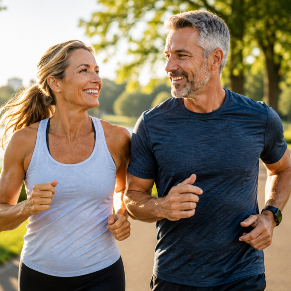 Active middle-aged couple exercising outdoors to support energy, strength, and healthy aging